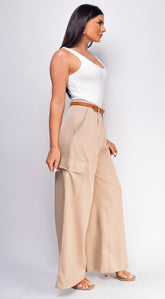 Iva Beige Wide Leg Cargo Pocket Pants